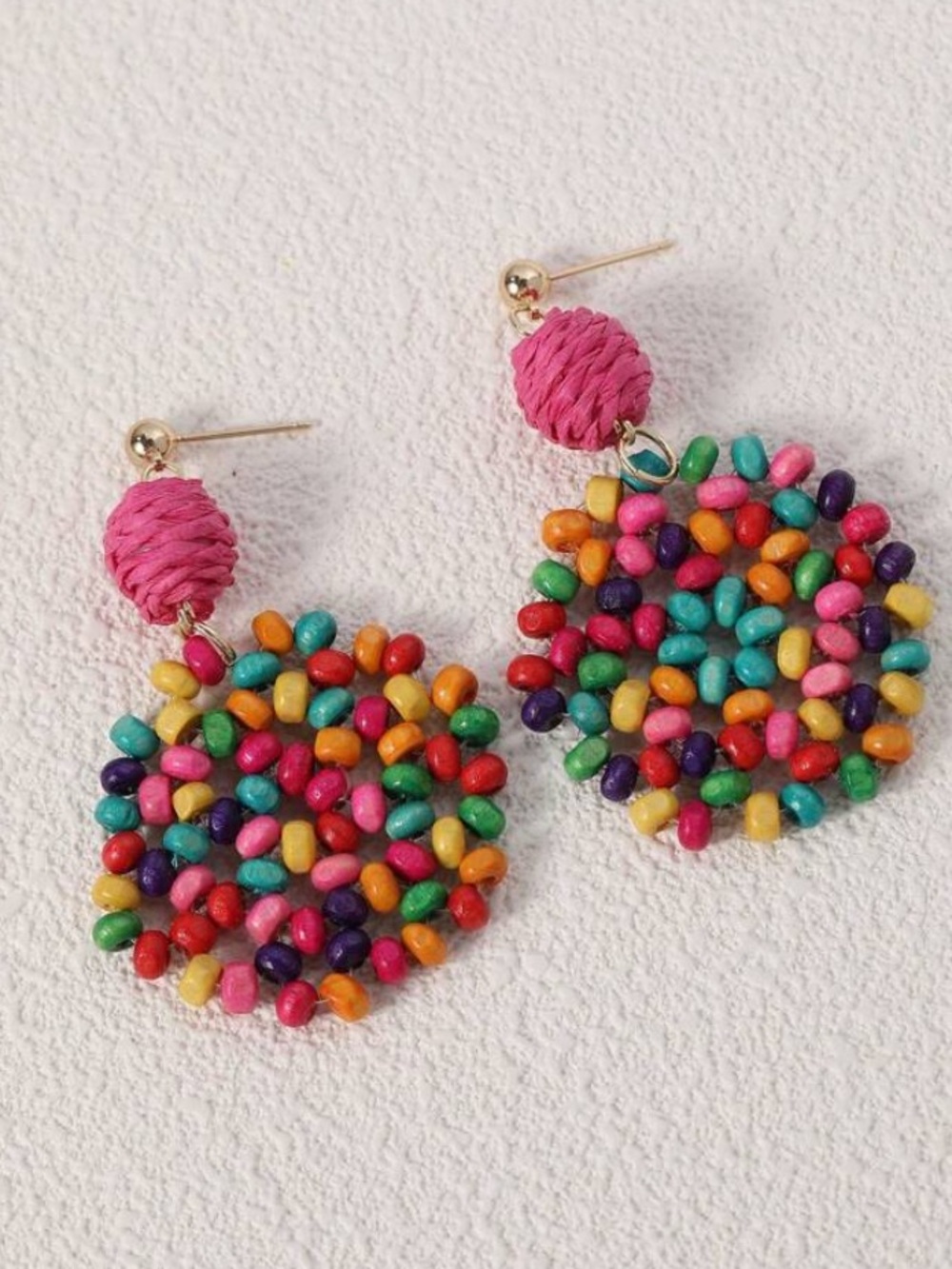 Handmade Boho Wood Bead & Raffia Statement Summer Earrings Eclectic Whimsical - Picture 5 of 6